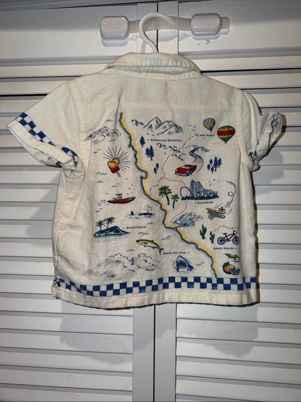 Old Navy Cream Short-Sleeve Button Down with Colorful Map Embroidery